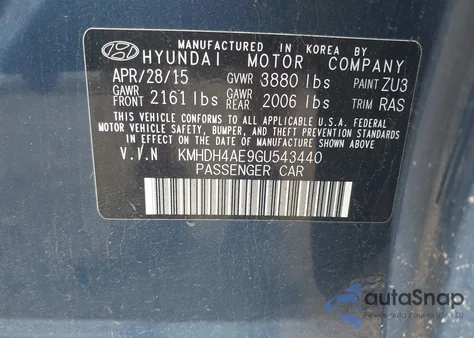 2016 Hyundai Elantra Se из США, поврежденный, VIN KMHDH4AE9GU543440